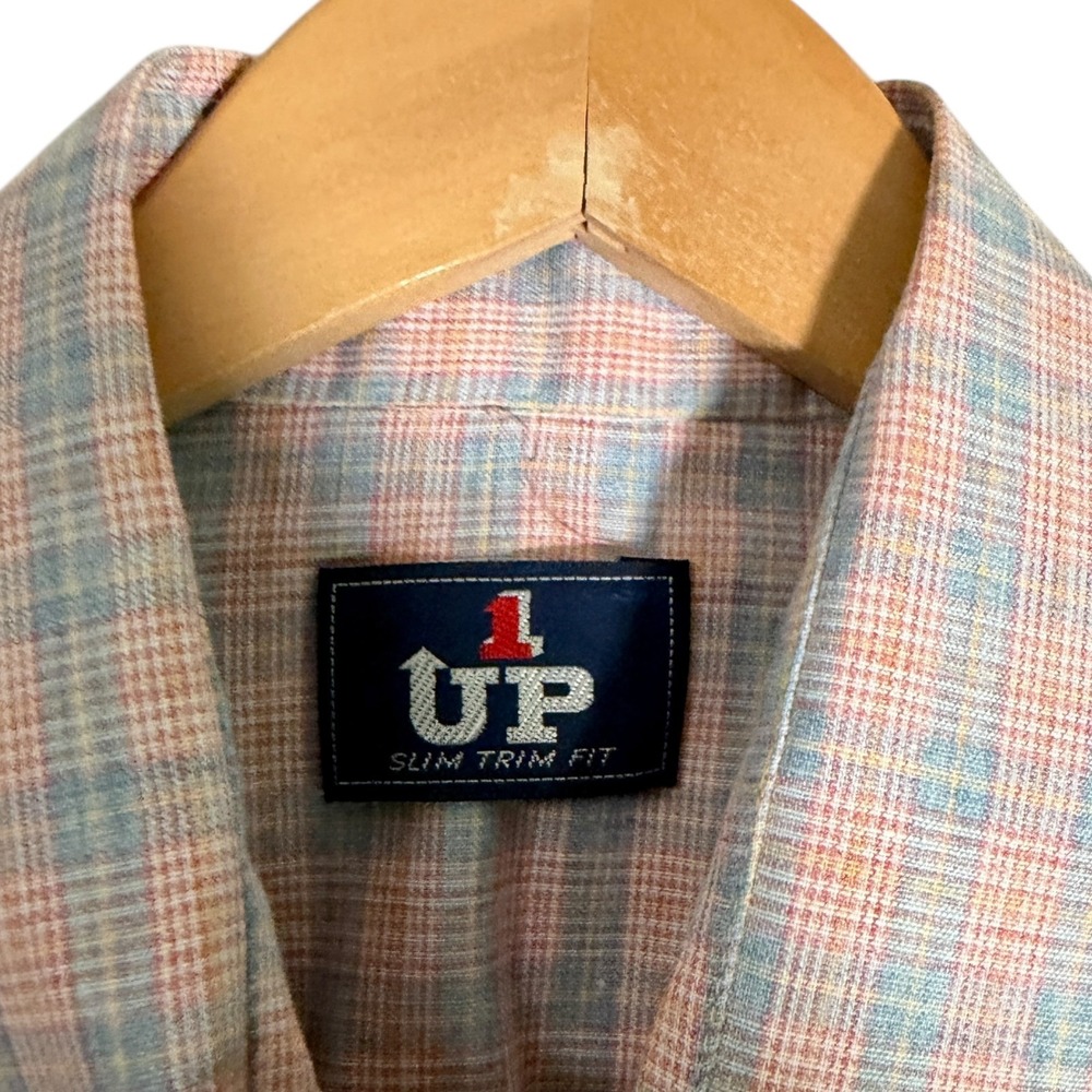 Vintage 70's 1 UP Men's Plaid Long Sleeve Pearl Snap Shirt Pink Blue Large - Picture 2 of 4